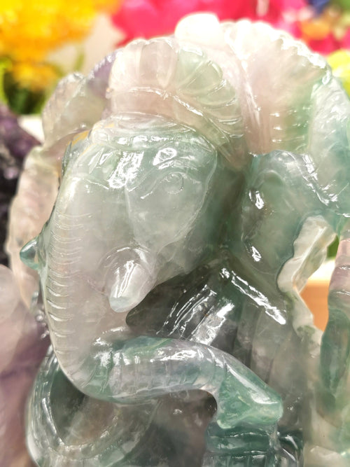 Multicolor Fluorite Handmade Carving of Ganesh -Lord Ganesha Idol/Statue in Crystals and Gemstones 1250 gms - Shwasam