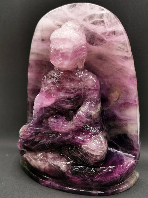 Buddha Statue in Purple Fluorite gemstone - handmade carving of serene and meditating Lord Buddha - 1.2 kg - Shwasam