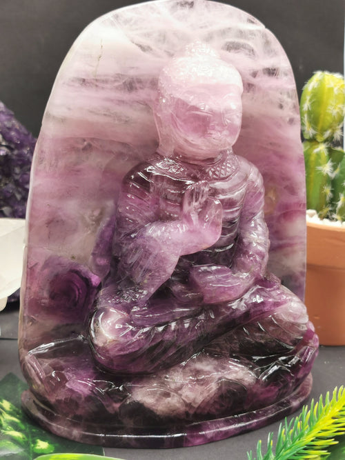 Buddha Statue in Purple Fluorite gemstone - handmade carving of serene and meditating Lord Buddha - 1.2 kg - Shwasam