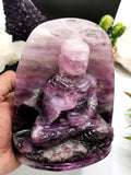 Buddha Statue in Purple Fluorite gemstone - handmade carving of serene and meditating Lord Buddha - 1.2 kg - Shwasam