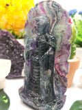 Buddha Statue Multicolor Fluorite - handmade carving of standing Lord Buddha - gemstone home decor, lapidary art 555 gms - Shwasam