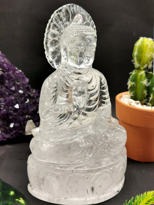 Clear Quartz or Clear Crystal Buddha - handmade carving of meditating Lord Budha - 780 gms - Shwasam