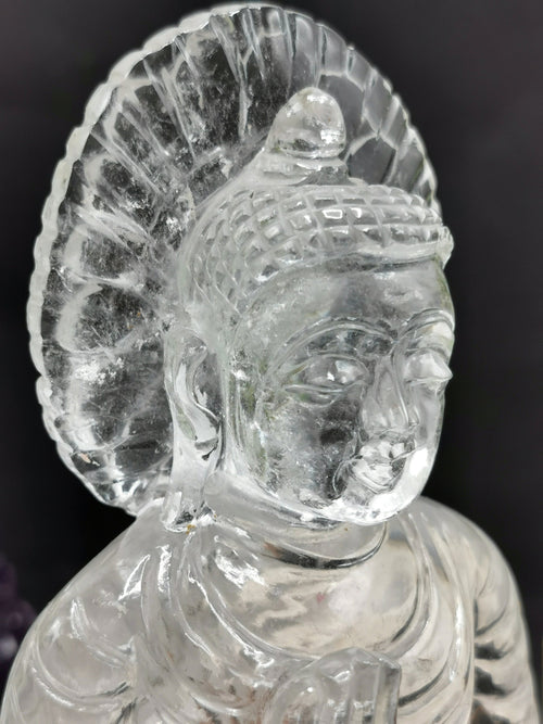 Clear Quartz or Clear Crystal Buddha - handmade carving of meditating Lord Budha - 780 gms - Shwasam