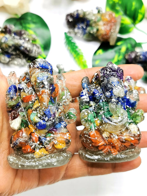 Orgonite 7 Chakra gemstone Ganesha used in crystal healing - Orgone Ganesh carving - Spirit healing good luck Ganesha in aventurine / amethyst / lapis lazuli - Shwasam