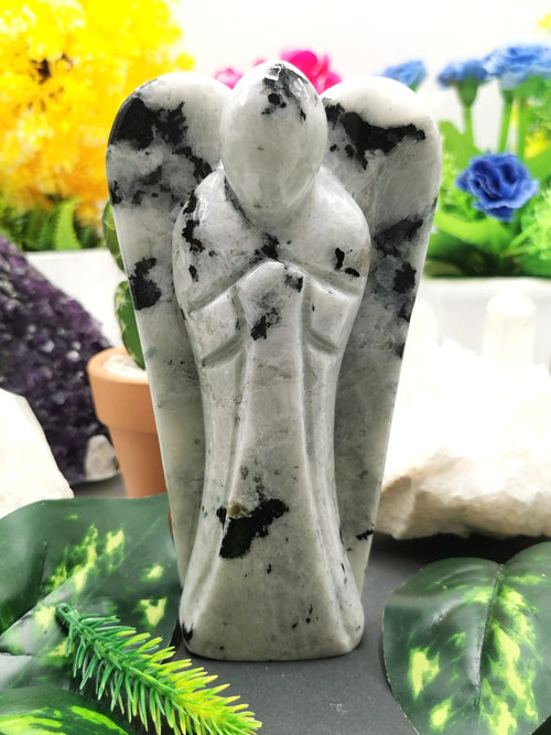 Moonstone Angel figurine - Crystal Healing / Good luck angel statue in gemstone 590 gms - Shwasam