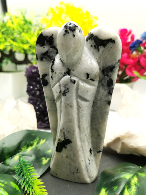 Moonstone Angel figurine - Crystal Healing / Good luck angel statue in gemstone 590 gms - Shwasam