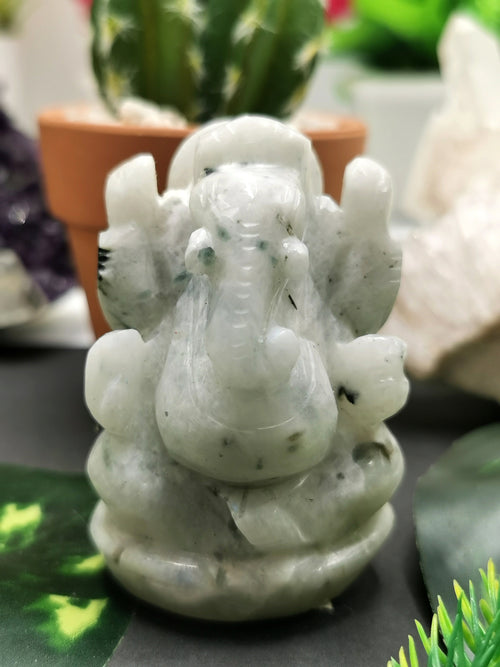 Moonstone Ganesh statue carving - Lord Ganesha Idol | Figurine in Crystals and Gemstones - 130 gms - Shwasam