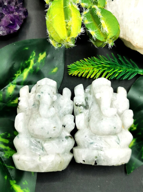 Moonstone Ganesh statue carving - Lord Ganesha Idol | Figurine in Crystals and Gemstones - 130 gms - Shwasam