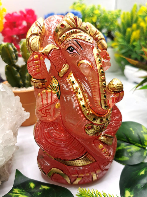 Rose Quartz Handmade Carving of Ganesh with handpainting - Lord Ganesha Idol in Crystals - Shwasam