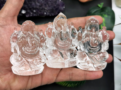 Ganesh statue in Clear Quartz Handmade Carving - Ganesha Idol |Sculpture in Crystals and Gemstones -2.5 inches and 100 gms - ONE STATUE ONLY - Shwasam