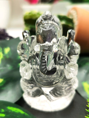 Ganesh statue in Clear Quartz Handmade Carving - Ganesha Idol |Sculpture in Crystals and Gemstones -2.5 inches and 100 gms - ONE STATUE ONLY - Shwasam