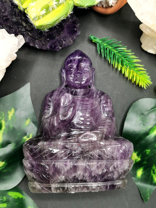 Amethyst Buddha - handmade carving of serene and meditating Lord Buddha - crystal/reiki/healing - 4 inches and 364 gms - Shwasam