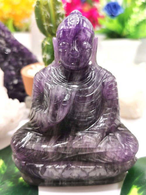 Amethyst Buddha - handmade carving of serene and meditating Lord Buddha - crystal/reiki/healing - 4 inches and 364 gms - Shwasam