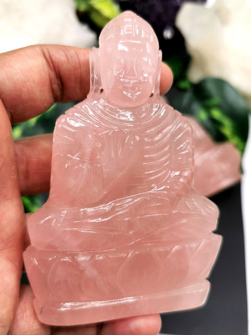 Rose Quartz Buddha - handmade carving of serene and meditating Lord Buddha - crystal healing - 4 inches and 180 gms - ONE STATUE ONLY - Shwasam