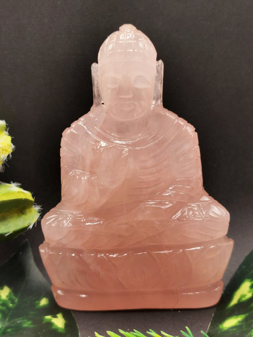 Rose Quartz Buddha - handmade carving of serene and meditating Lord Buddha - crystal healing - 4 inches and 180 gms - ONE STATUE ONLY - Shwasam