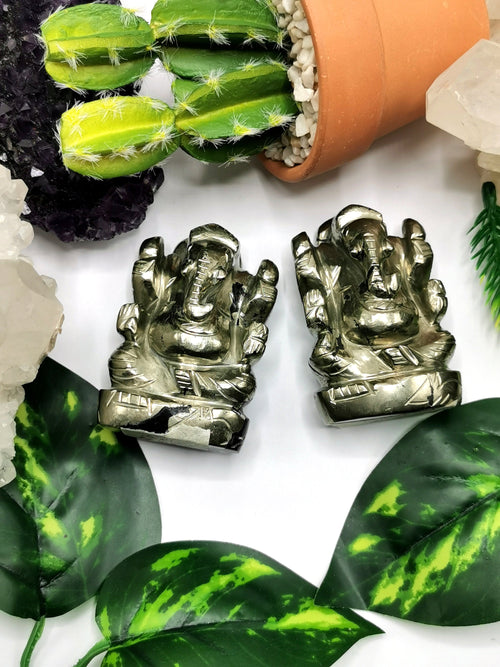 Pyrite stone Handmade Carving of Ganesh - Lord Ganesha Idol | Figurine in Crystals and Gemstones - 185 gms - ONE STATUE ONLY - Shwasam