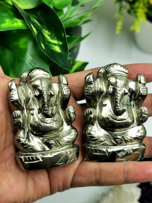 Pyrite stone Handmade Carving of Ganesh - Lord Ganesha Idol | Figurine in Crystals and Gemstones - 185 gms - ONE STATUE ONLY - Shwasam