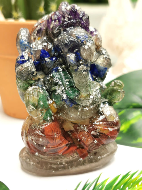 Orgonite 7 Chakra gemstone Ganesha used in crystal healing - Orgone Ganesh carving - Spirit healing good luck Ganesha in aventurine / amethyst / lapis lazuli - Shwasam