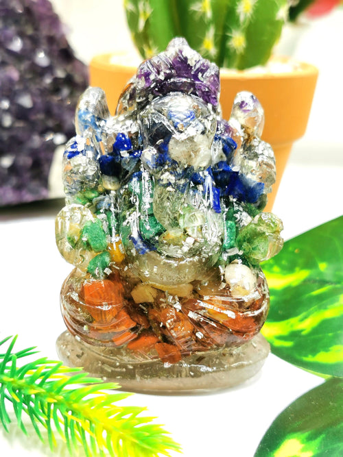 Orgonite 7 Chakra gemstone Ganesha used in crystal healing - Orgone Ganesh carving - Spirit healing good luck Ganesha in aventurine / amethyst / lapis lazuli - Shwasam