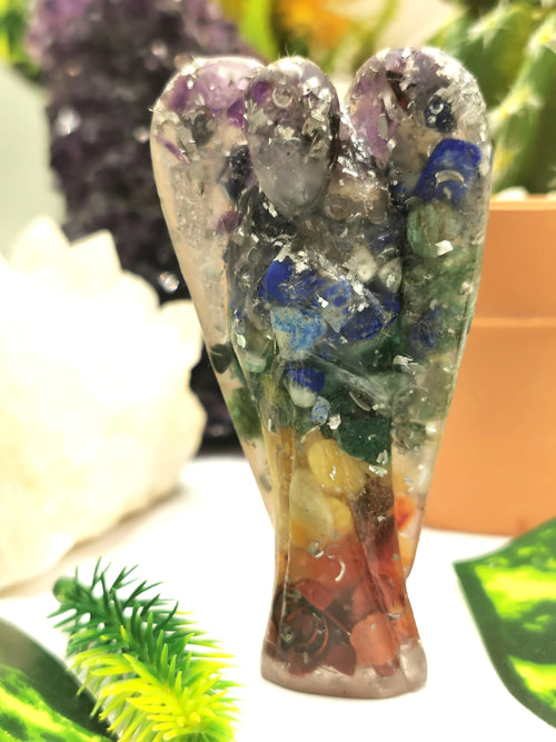 Orgonite 7 Chakra gemstone angel used in crystal healing - Orgone carving - Spirit healing good luck angel in aventurine / amethyst / lapis lazuli - Shwasam