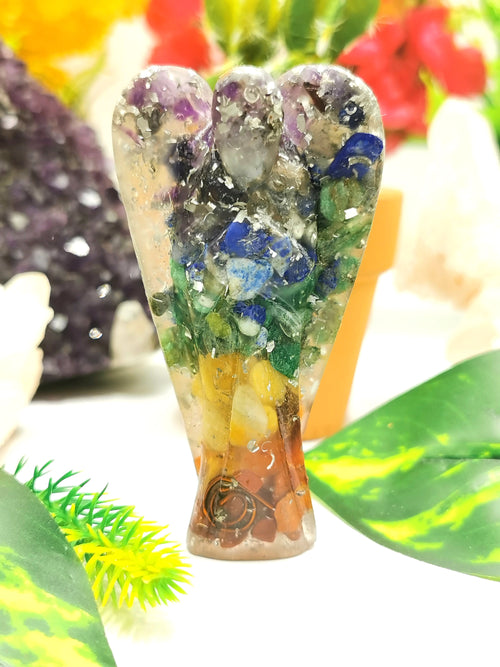 Orgonite 7 Chakra gemstone angel used in crystal healing - Orgone carving - Spirit healing good luck angel in aventurine / amethyst / lapis lazuli - Shwasam