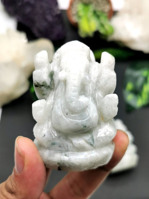 Moonstone Ganesh statue carving - Lord Ganesha Idol | Figurine in Crystals and Gemstones - 130 gms - Shwasam