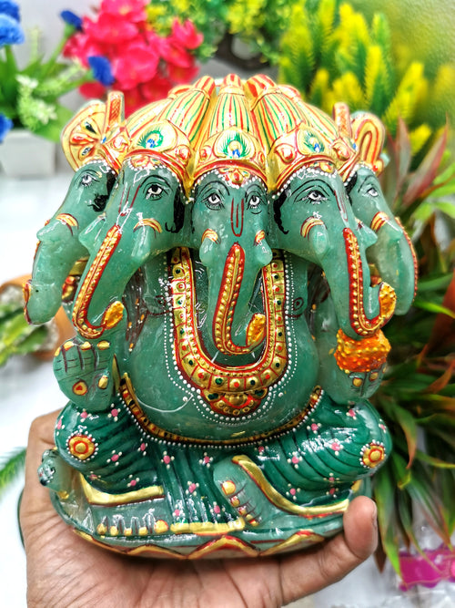 Green Aventurine Handmade Carving of Panchmukhi Ganesh with hand painted - Lord Ganesha Idol - Shwasam