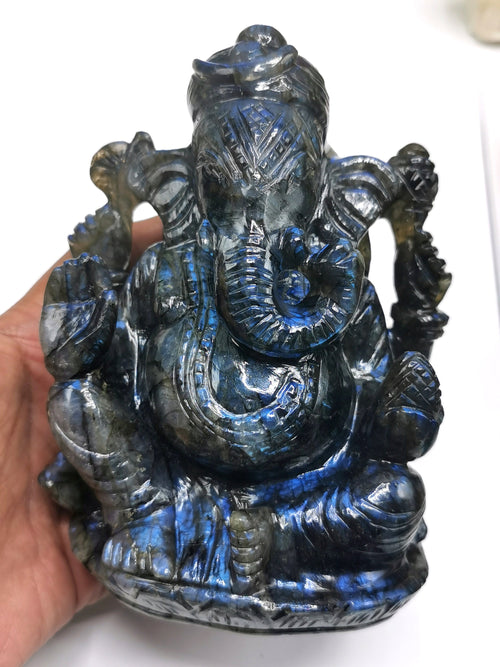 Ganesh Statue in Labradorite Handmade Carving - Lord Ganesha Idol | Sculpture in Crystals and Gemstones - Shwasam