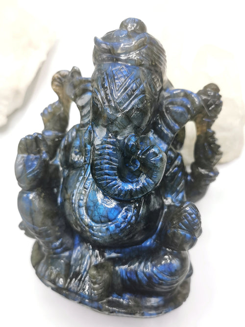Ganesh Statue in Labradorite Handmade Carving - Lord Ganesha Idol | Sculpture in Crystals and Gemstones - Shwasam