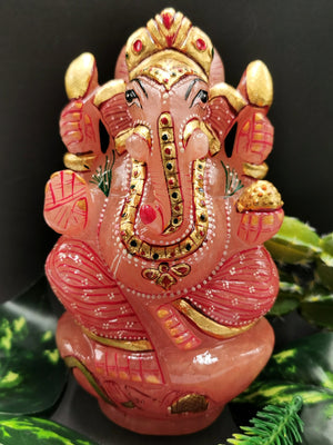 Rose Quartz Handmade Carving of Ganesh with handpainting - Lord Ganesha Chaturthi Idol - Shwasam