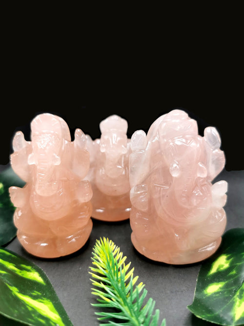 Rose Quartz Handmade Carving of Ganesh - Lord Ganesha Idol | Sculpture in Crystals and Gemstones - Shwasam