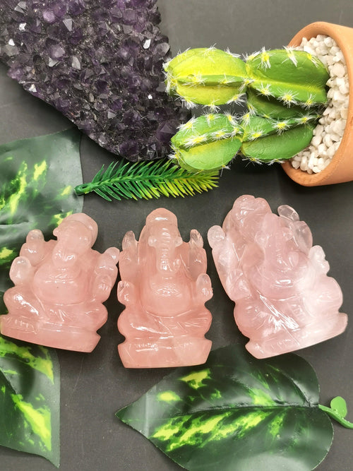 Rose Quartz Handmade Carving of Ganesh - Lord Ganesha Idol | Sculpture in Crystals and Gemstones - Shwasam