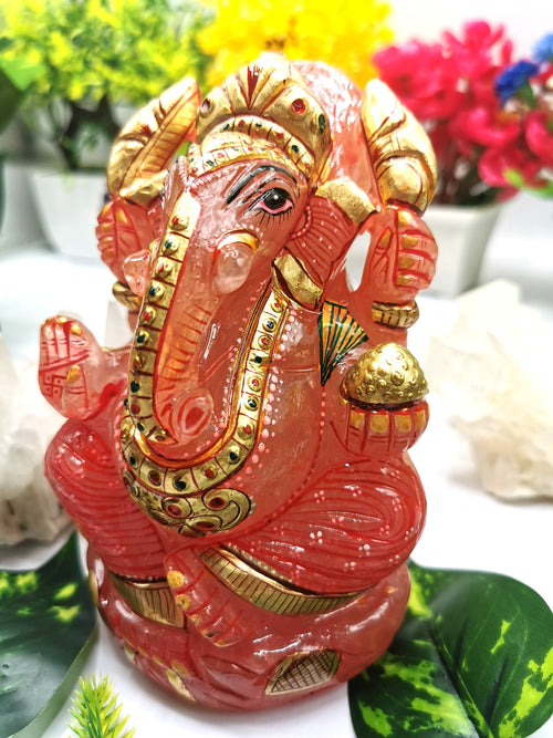 Rose Quartz Handmade Carving of Ganesh with handpainting - Lord Ganesha Idol in Crystals - Shwasam