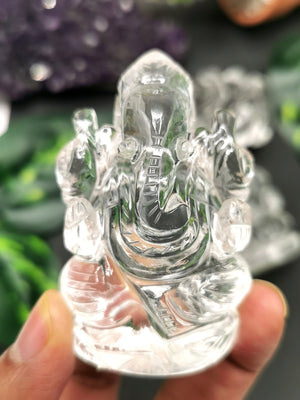 Ganesh statue in Clear Quartz Handmade Carving - Ganesha Idol |Sculpture in Crystals and Gemstones -2.5 inches and 100 gms - ONE STATUE ONLY - Shwasam