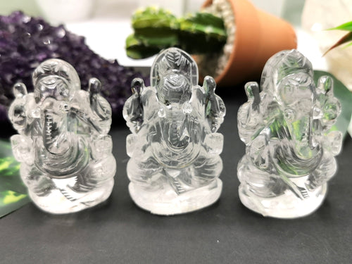 Ganesh statue in Clear Quartz Handmade Carving - Ganesha Idol |Sculpture in Crystals and Gemstones -2.5 inches and 100 gms - ONE STATUE ONLY - Shwasam