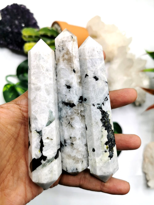 Moonstone double terminated point - handmade carvings - energy/chakra/reiki - 110 gms - ONE PIECE ONLY - Shwasam