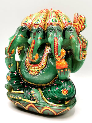 Green Aventurine Handmade Carving of Panchmukhi Ganesh with hand painted - Lord Ganesha Idol - Shwasam