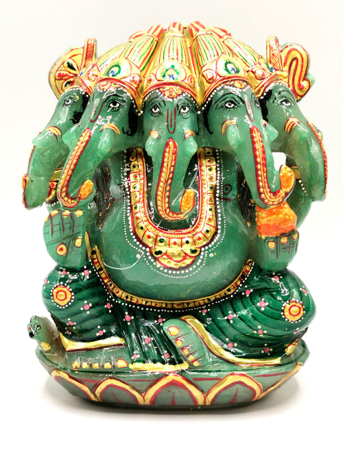 Green Aventurine Handmade Carving of Panchmukhi Ganesh with hand painted - Lord Ganesha Idol - Shwasam