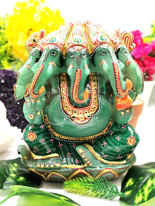 Green Aventurine Handmade Carving of Panchmukhi Ganesh with hand painted - Lord Ganesha Idol - Shwasam