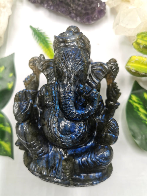 Ganesh Statue in Labradorite Handmade Carving - Lord Ganesha Idol | Sculpture in Crystals and Gemstones - Shwasam