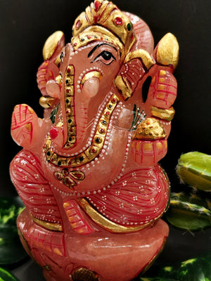 Rose Quartz Handmade Carving of Ganesh with handpainting - Lord Ganesha Chaturthi Idol - Shwasam