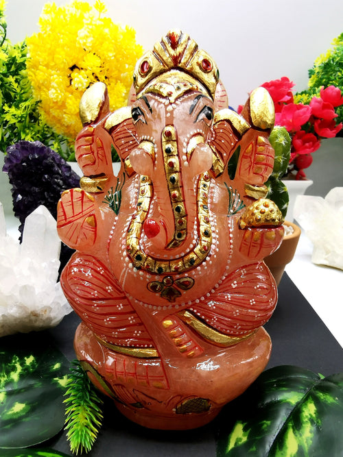 Rose Quartz Handmade Carving of Ganesh with handpainting - Lord Ganesha Chaturthi Idol - Shwasam