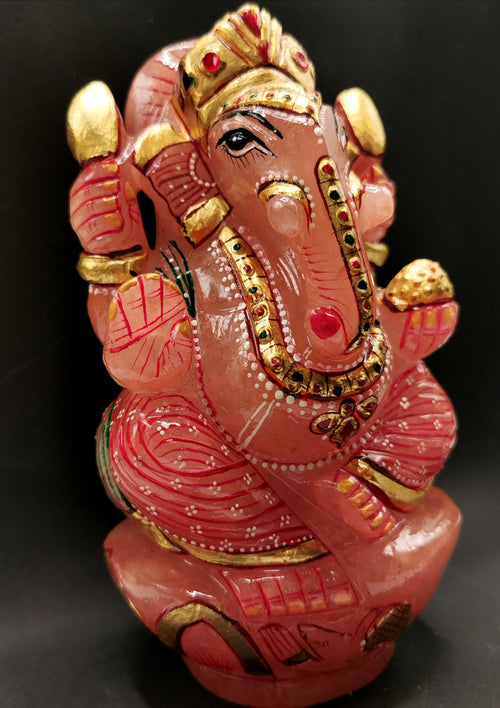 Rose Quartz Handmade Carving of Ganesh with handpainting - Lord Ganesha Chaturthi Idol - Shwasam