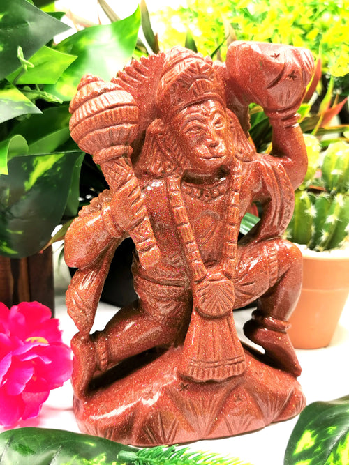 Goldstone Statue of Lord Hanuman 6.5 Inches | Bajrang Bali in Sandstone | Reiki/Chakra/Healing | Lord Ram's eternal devotee in gemstone