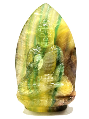 Yellow Fluorite Buddha - handmade carving of serene and meditating Lord Buddha - crystal/reiki/healing - 5.2 inches and 630 gms