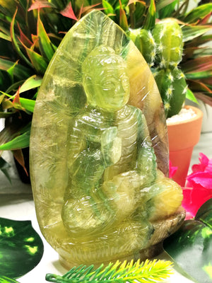 Yellow Fluorite Buddha - handmade carving of serene and meditating Lord Buddha - crystal/reiki/healing - 5.2 inches and 630 gms