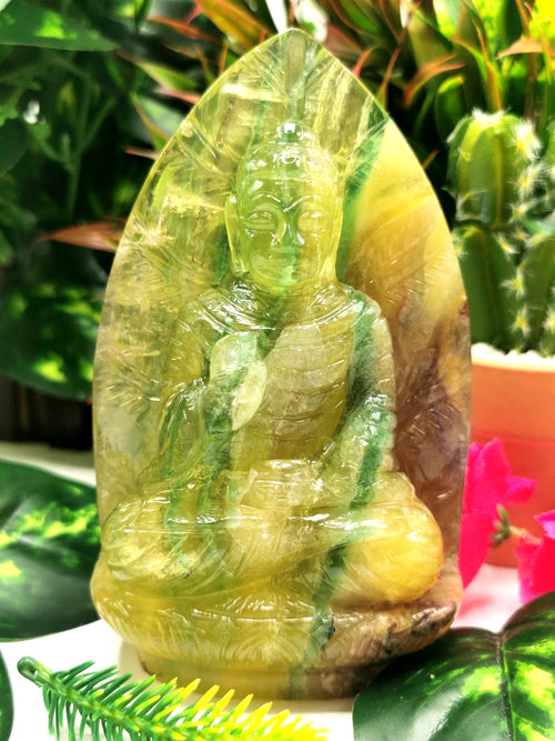 Yellow Fluorite Buddha - handmade carving of serene and meditating Lord Buddha - crystal/reiki/healing - 5.2 inches and 630 gms