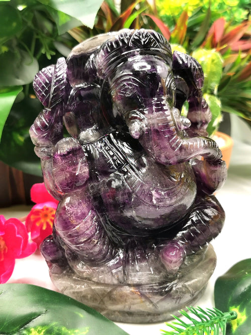 Purple Fluorite Handmade Carving of Ganesh -Lord Ganesha Idol/Sculpture in Crystals and Gemstones -Reiki/Chakra/Healing -5.2 inch and 1.43kg