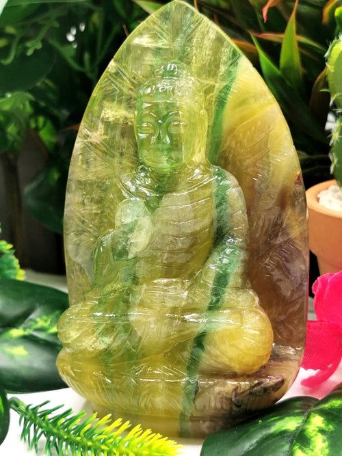 Yellow Fluorite Buddha - handmade carving of serene and meditating Lord Buddha - crystal/reiki/healing - 5.2 inches and 630 gms