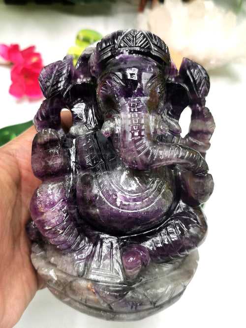 Purple Fluorite Handmade Carving of Ganesh -Lord Ganesha Idol/Sculpture in Crystals and Gemstones -Reiki/Chakra/Healing -5.2 inch and 1.43kg